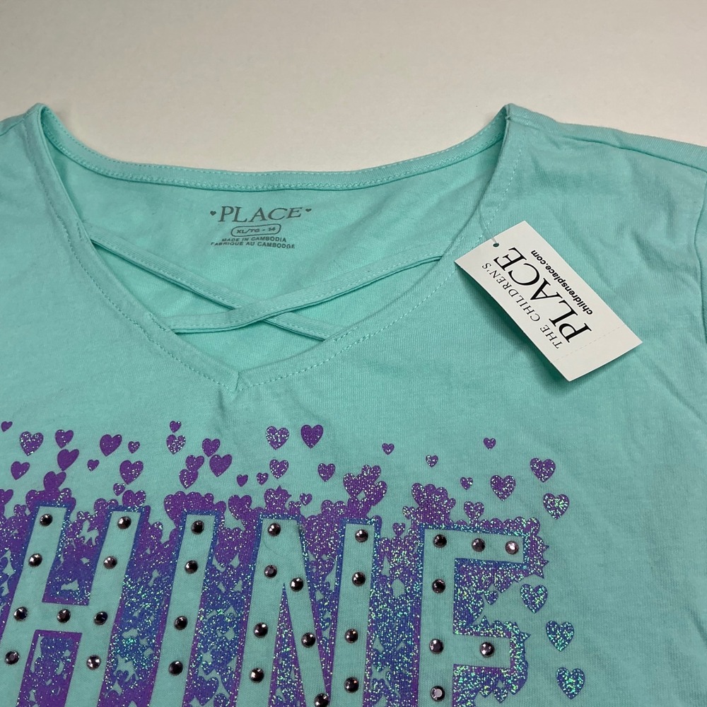 The Children's Place Iced Mint Graphic Tee Kids XL 14 Long Sleeve Shine Glitter - Picture 4 of 15